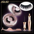 Set of false eyelashes in a case, with a close-up of the lashes, a eyeliner, and a mascara on a white background.