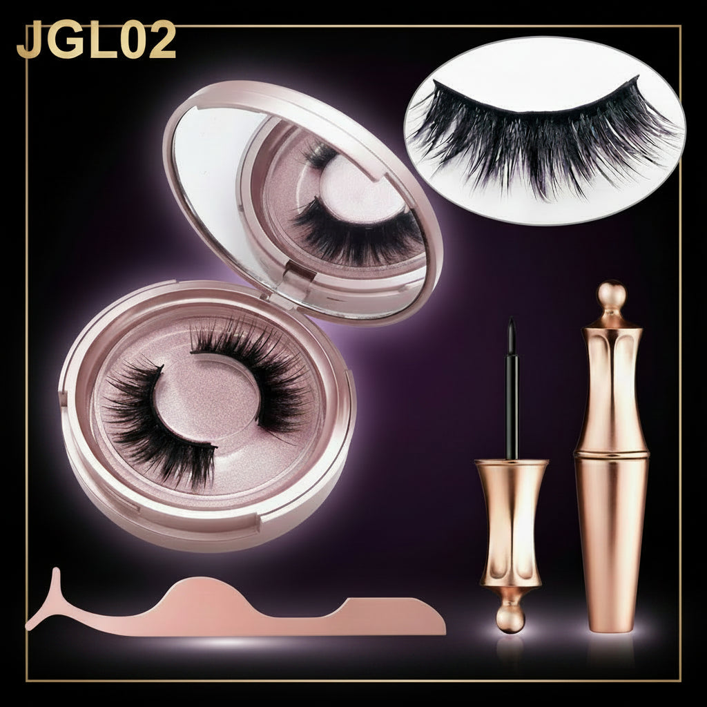 Set of false eyelashes in a case, with a close-up of the lashes, a eyeliner, and a mascara on a white background.