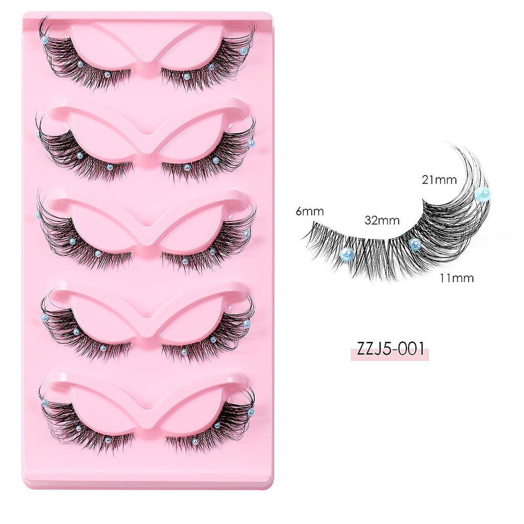 Clear Band - Corner Foxy Winged Cat Eye 3D Strip Lashes - Vegan Faux Mink Eyelash With Diamond & Pearl