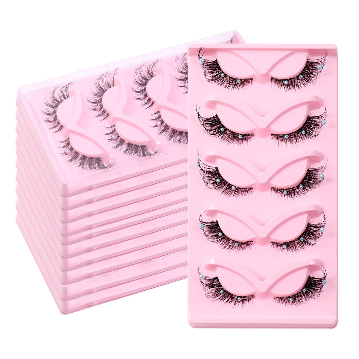 Clear Band - Corner Foxy Winged Cat Eye 3D Strip Lashes - Vegan Faux Mink Eyelash With Diamond & Pearl