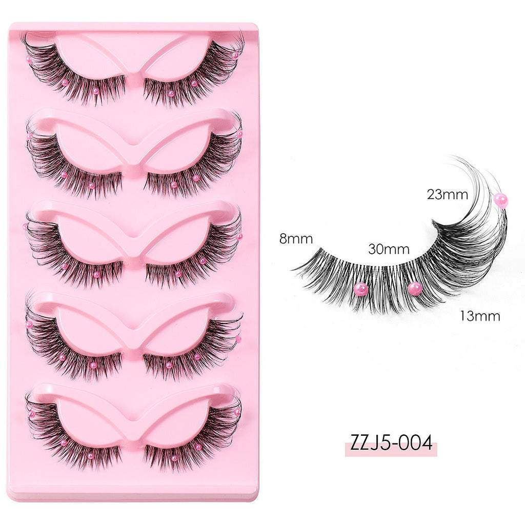 Clear Band - Corner Foxy Winged Cat Eye 3D Strip Lashes - Vegan Faux Mink Eyelash With Diamond & Pearl