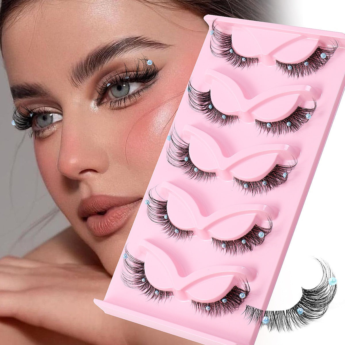 Clear Band - Corner Foxy Winged Cat Eye 3D Strip Lashes - Vegan Faux Mink Eyelash With Diamond & Pearl