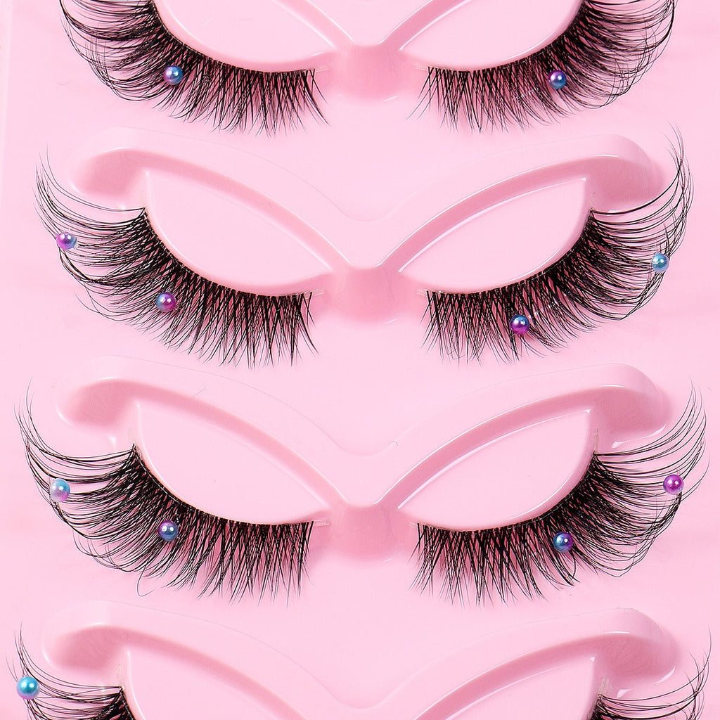 Clear Band - Corner Foxy Winged Cat Eye 3D Strip Lashes - Vegan Faux Mink Eyelash With Diamond & Pearl