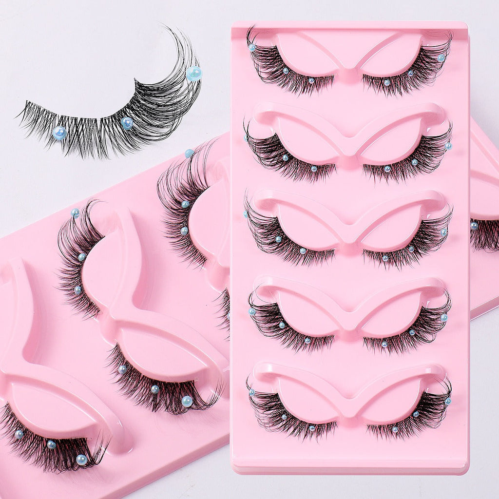 Clear Band - Corner Foxy Winged Cat Eye 3D Strip Lashes - Vegan Faux Mink Eyelash With Diamond & Pearl